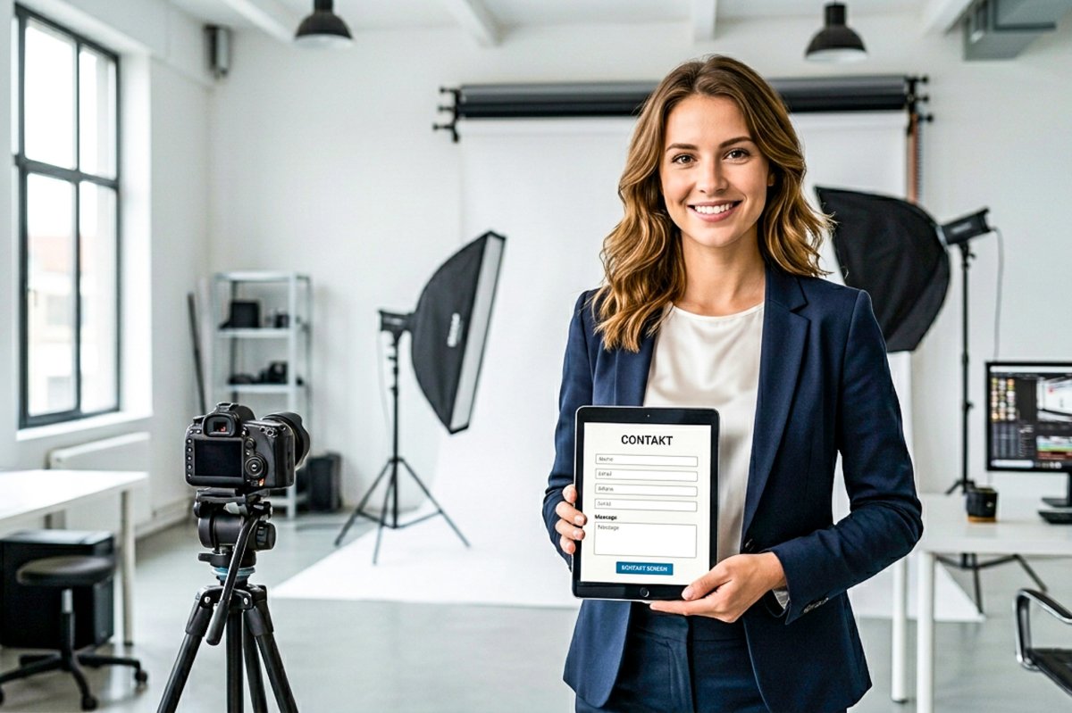 Frau bietet per iPad kontakt zu fotoboss.ch an